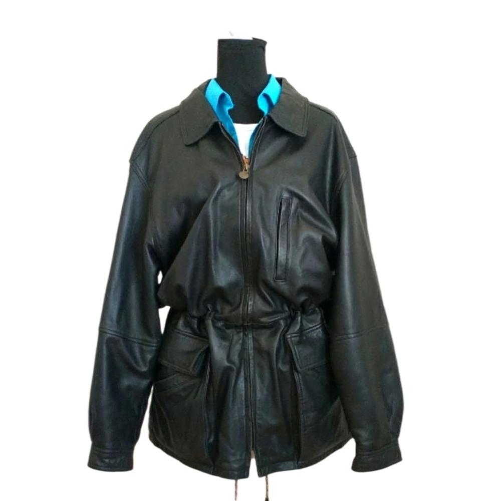 RAINFOREST Black Leather Men's Jacket with Forest Club Patch. Size XL